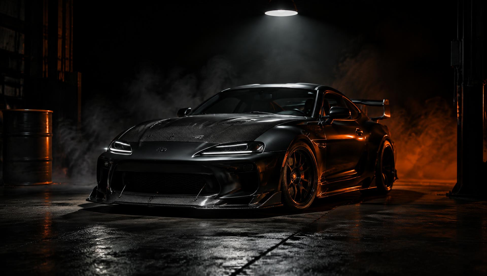 Modified sports car in a dark garage